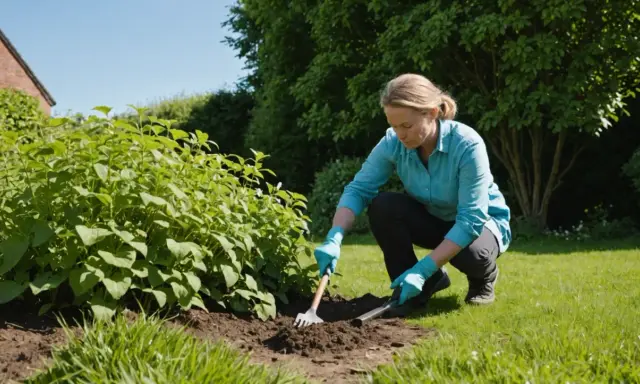Jardinier travaillant le sol près d'une haie, peut-être pour lutter contre la renouée des oiseaux.