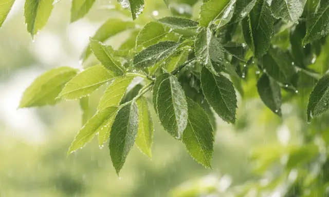 Feuilles de frêne sous la pluie, un inconvénient du frêne est sa sensibilité à l'humidité excessive qui peut favoriser les maladies fongiques.