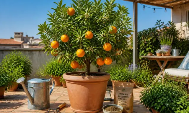 Un bel oranger en pot, chargé de fruits mûrs et de fleurs, prêt à être nourri avec de l'engrais naturel.