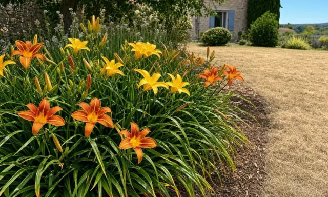 Un parterre de hémérocalles orange et jaunes, plantes vivaces qui fleurissent de mai à octobre, borde une pelouse sèche.