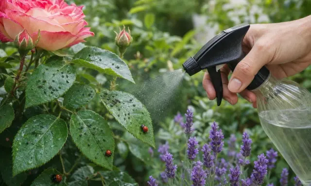 Main d'une personne pulvérisant de l'eau sur des feuilles de rosier infestées de pucerons rosier. Des coccinelles sont présentes.