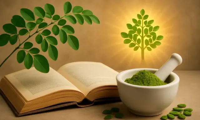 Branche de moringa plante, livre ouvert, mortier rempli de poudre verte et arbre lumineux.