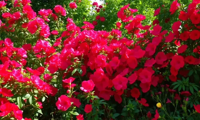 Un buisson luxuriant de plante fleur rouge extérieur, ses pétales vibrants se détachant sur le feuillage vert.