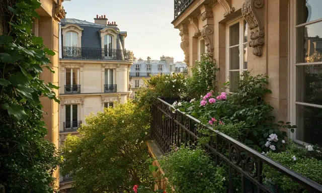 Un balcon parisien fleuri, une véritable oasis de verdure et de roses, offrant une vue sur les toits. Une belle plante balcon toute l'année.