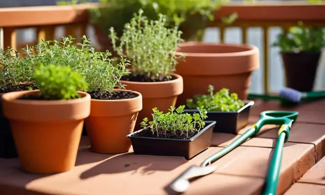 Plusieurs pots de thym en terre cuite et en plastique, prêts à être plantés sur une terrasse ensoleillée. Des outils de jardinage sont à proximité.