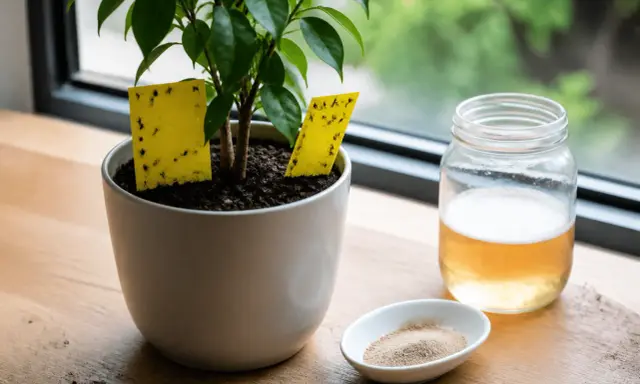 Pièges jaunes collants pour moucherons sur une plante, à côté d'un bocal de liquide et d'une coupelle de bicarbonate.