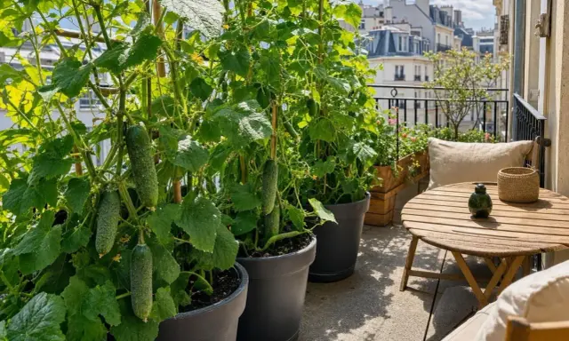 Des concombres en pot poussent sur un balcon parisien, prêts à être récoltés. Une table en bois et des coussins invitent à la détente.