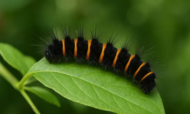 Une noctuelle petite chenille noire sans poil, aux rayures orange vif, se promène sur une feuille verte.