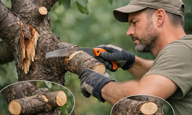 Un homme effectue la taille d'un cerisier, coupant une branche avec une scie. Gros plan sur les coupes nettes.