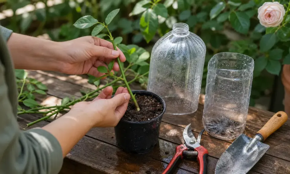 Mise en terre d'une bouture de rosier. Des mains insèrent une tige verte dans un pot de terreau, avec des ciseaux et une pelle à proximité.