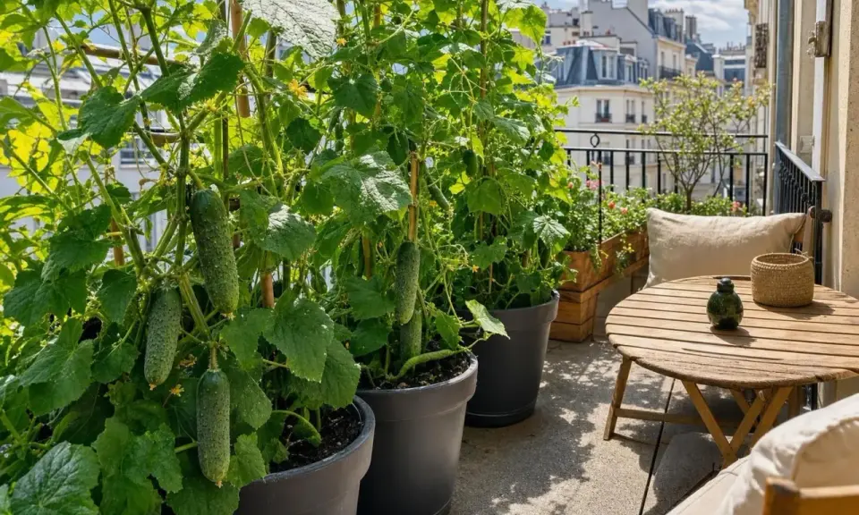 Des concombres en pot poussent sur un balcon parisien, prêts à être récoltés. Une table en bois et des coussins invitent à la détente.
