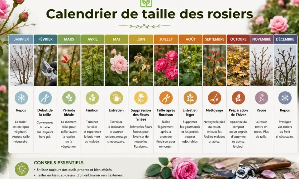 Calendrier pour savoir comment tailler un rosier mois par mois, de janvier à décembre, avec des conseils essentiels.