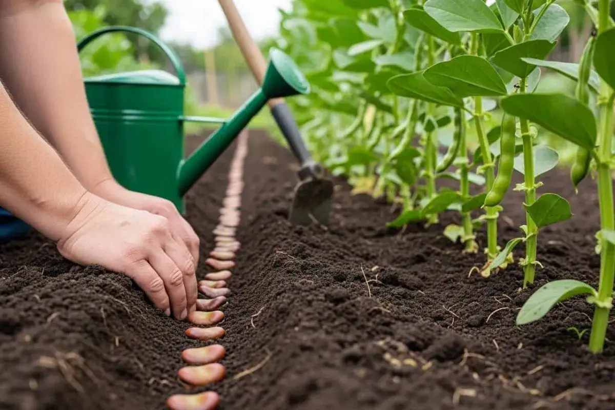 Mains plantent des fèves dans la terre, une ligne de graines prête à germer. Arrosoir vert et plants de fèves en arrière-plan.