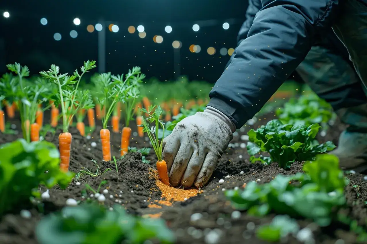 Main d'un jardinier en gant, plantant une carotte dans la terre. Des rangées de carottes et de laitues poussent sous un ciel nocturne éclairé par des lumières. C'est le moment idéal pour savoir quand semer les carottes d'hiver.