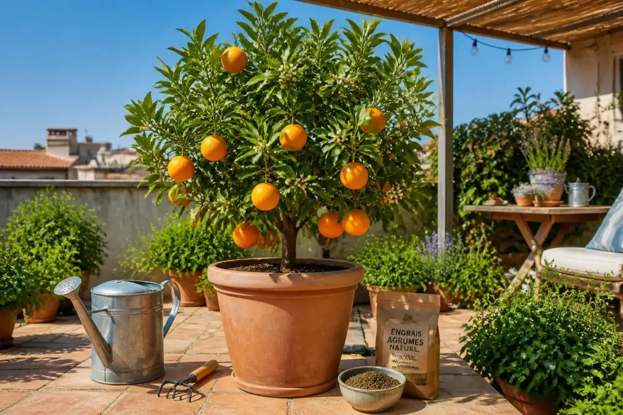 Un bel oranger en pot, chargé de fruits mûrs, trône sur une terrasse ensoleillée. À ses côtés, un arrosoir et un petit râteau attendent pour prendre soin de cette merveille.