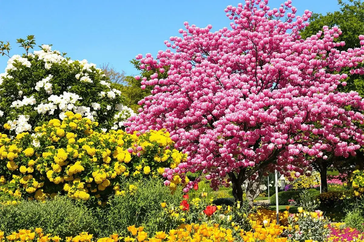 Un magnifique arbre en fleur en ce moment, avec des fleurs roses éclatantes, se dresse au milieu d'un jardin luxuriant rempli de fleurs blanches et jaunes.