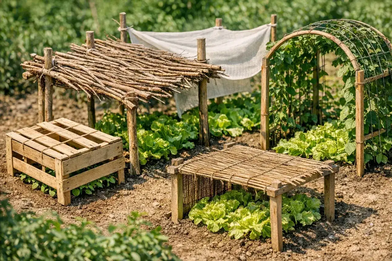 Jardin de salades avec abris en bois et branches pour planter salade soleil ou ombre.