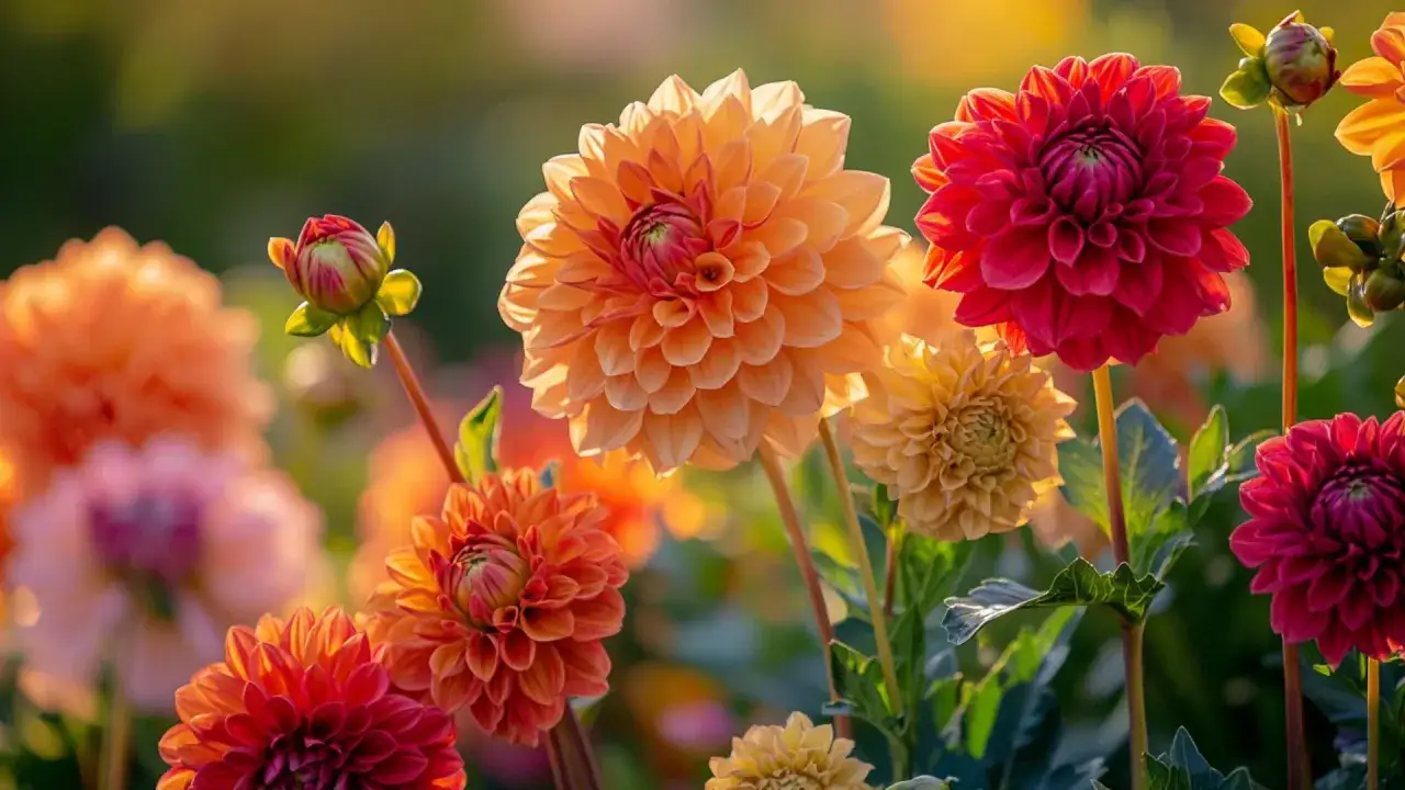Magnifique champ de dahlias aux couleurs vives, une véritable explosion de fleur d'été baignée par la lumière dorée du soleil.