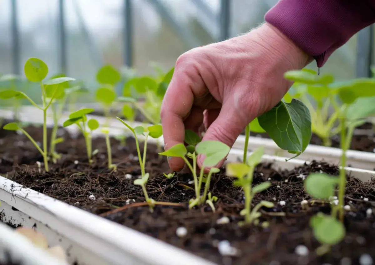 Main d'un jardinier plantant de jeunes pousses d'aubergine dans une serre. La culture aubergine commence ici.