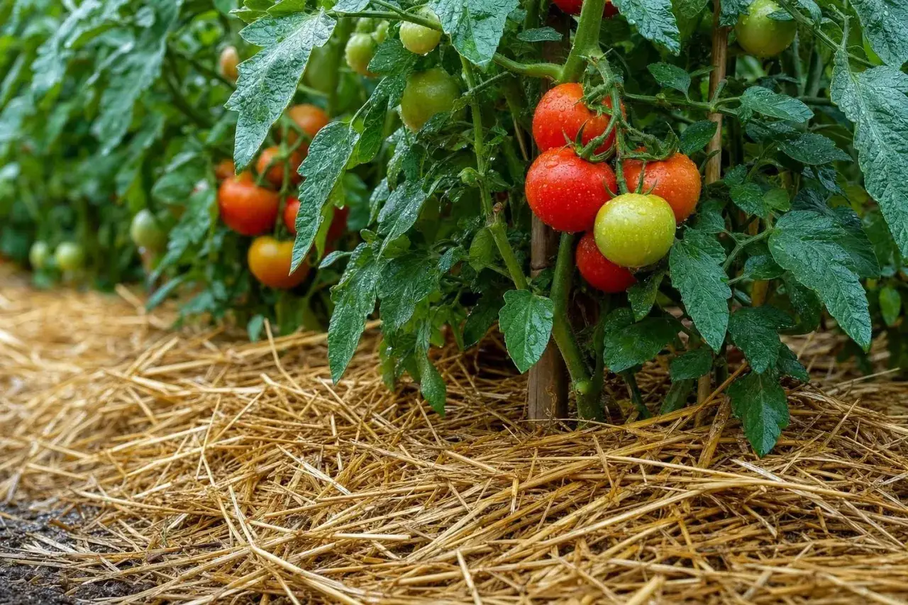Tomates mûres et vertes sur un plant, arrosées par la pluie, avec un paillis de paille au pied. Le fil de cuivre tomate protège les plants.