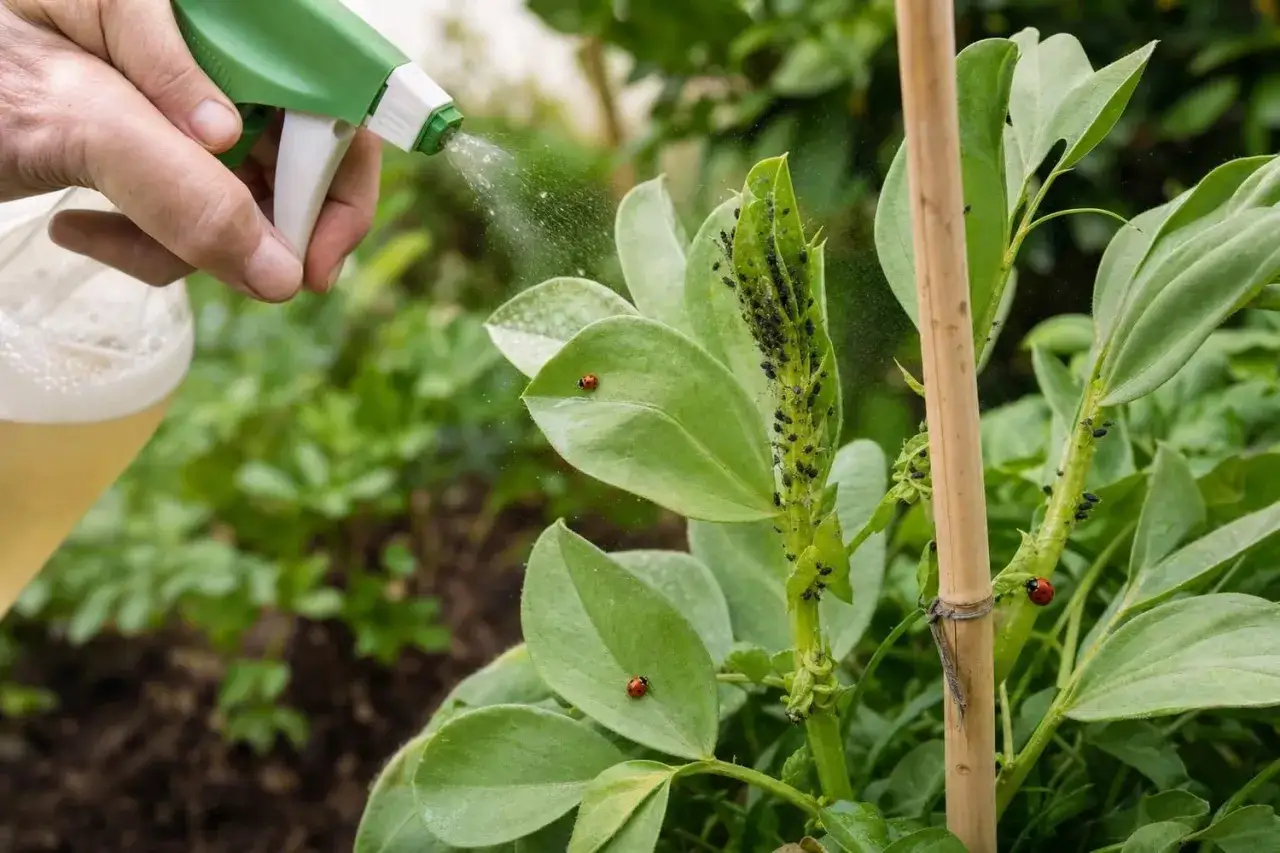 Traitement puceron : une main vaporise une plante verte infest&eacute;e de pucerons noirs. Des coccinelles observent la sc&egrave;ne.
