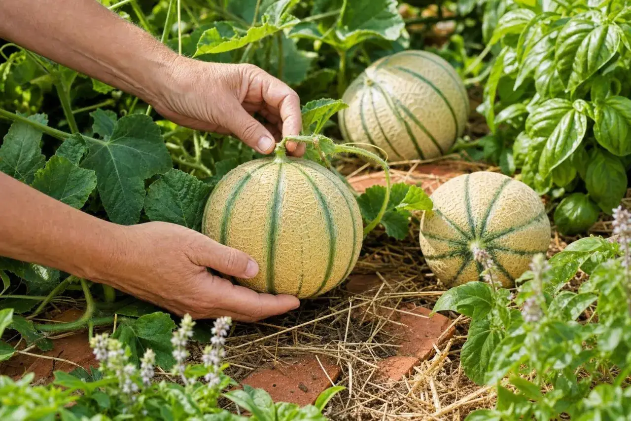 Mains récoltent un melon fruit ou légume mûr dans un jardin.