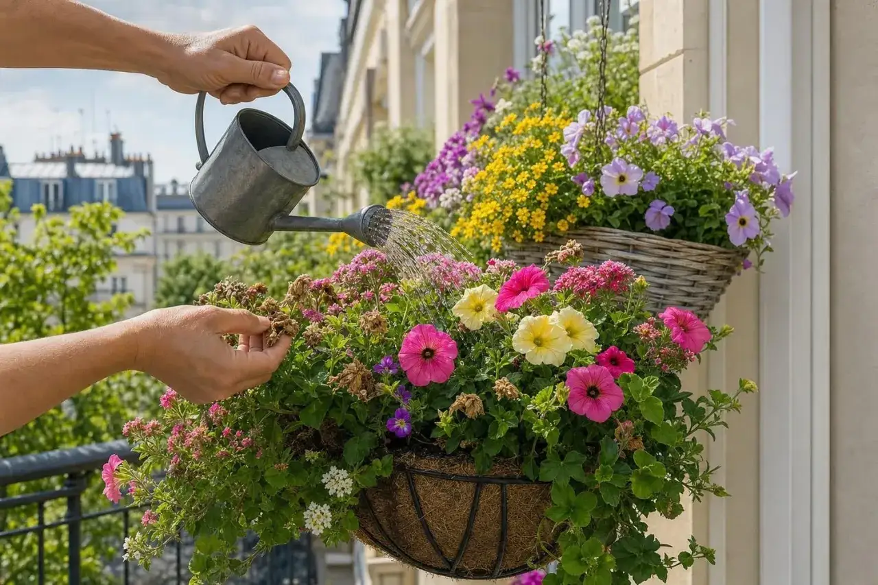 Arrosage d'une belle exposition de pétunias colorés dans des paniers suspendus sur un balcon.