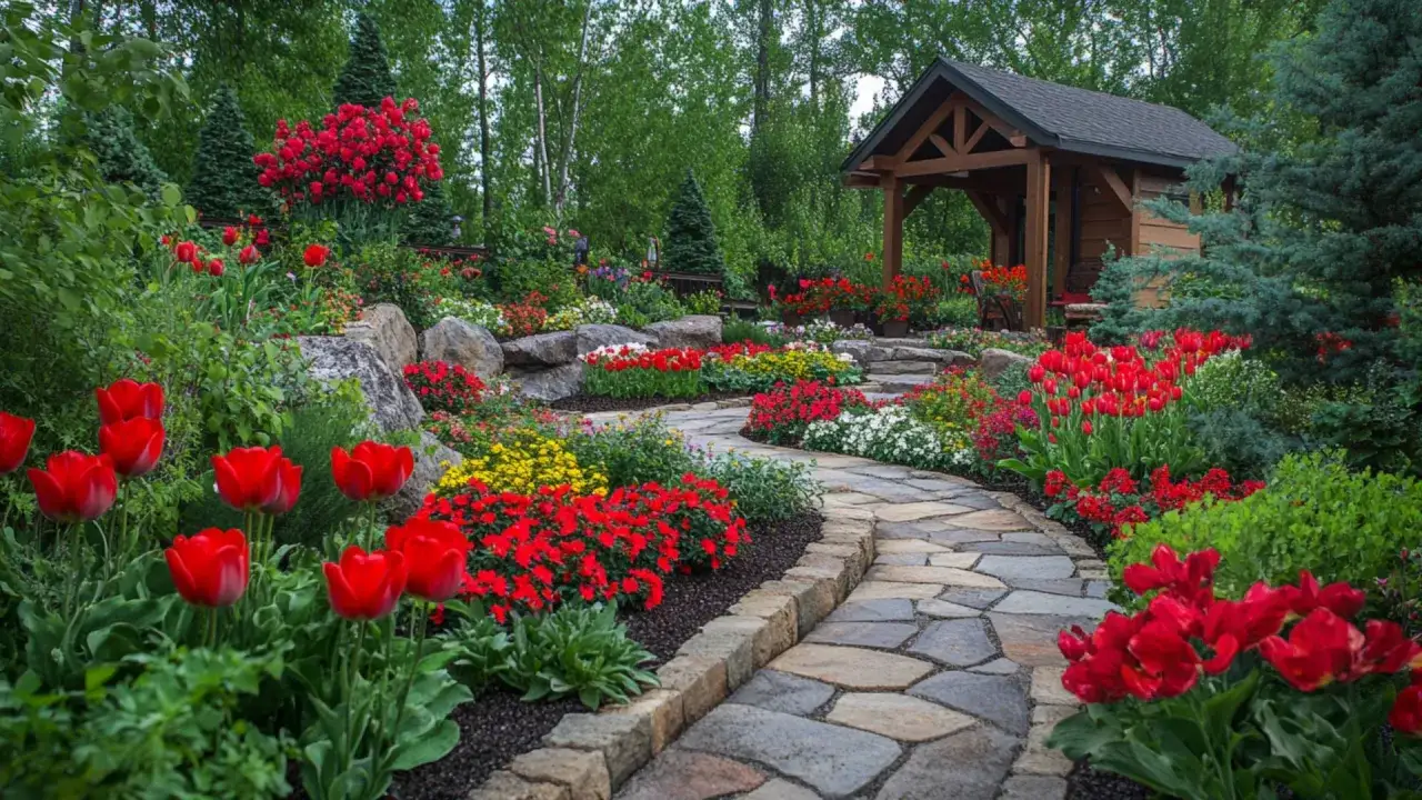 Un sentier de pierres serpente à travers un jardin luxuriant, bordé de tulipes rouges éclatantes et d'autres fleurs colorées. Une petite cabane en bois se dresse à l'arrière-plan.