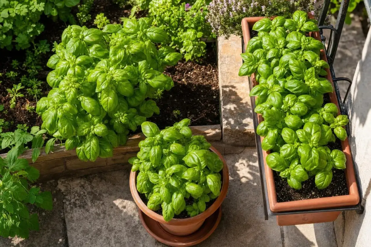 Un pot de basilic et une jardinière débordant de feuilles vertes luxuriantes, prêts à parfumer vos plats.