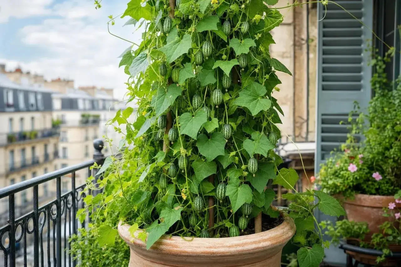 Plante grimpante de concombre du Mexique, couverte de petits fruits rayés, sur un balcon parisien.