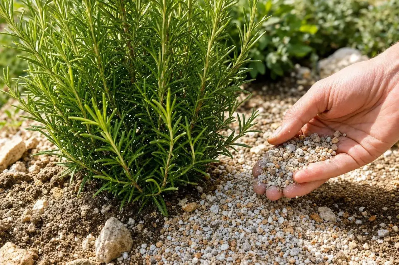 Une main saupoudre des granulés d'engrais au pied d'un plant de romarin verdoyant.