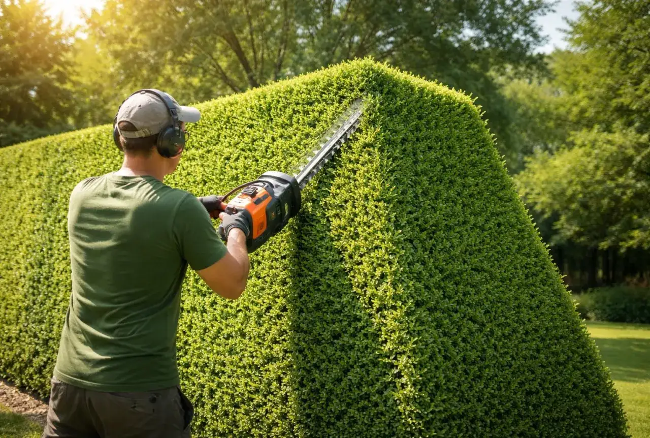 Un jardinier taille une haie de troènes avec un taille-haie électrique. C'est le moment idéal pour savoir quand tailler les troènes.