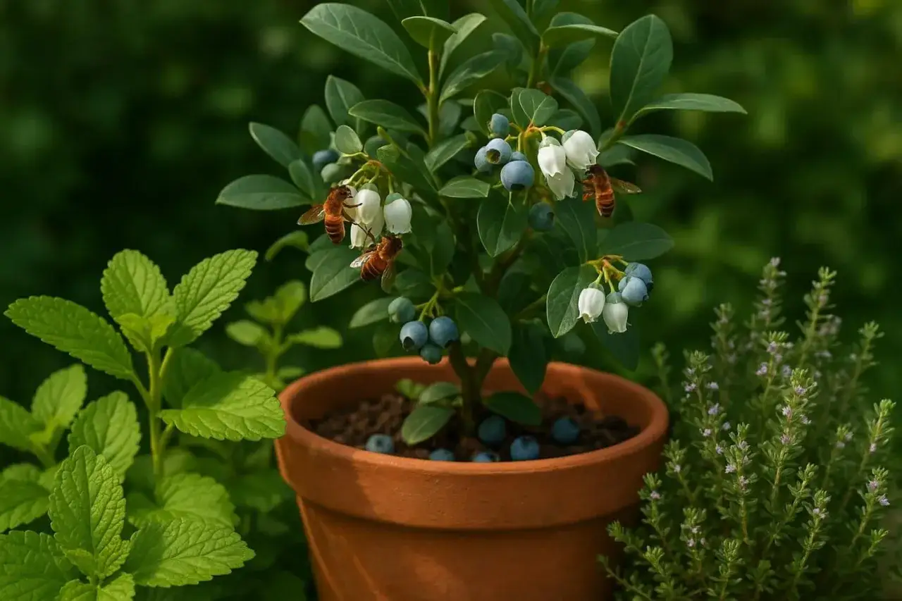 Un myrtillier en pot, avec des abeilles butinant ses fleurs blanches et ses baies bleues.