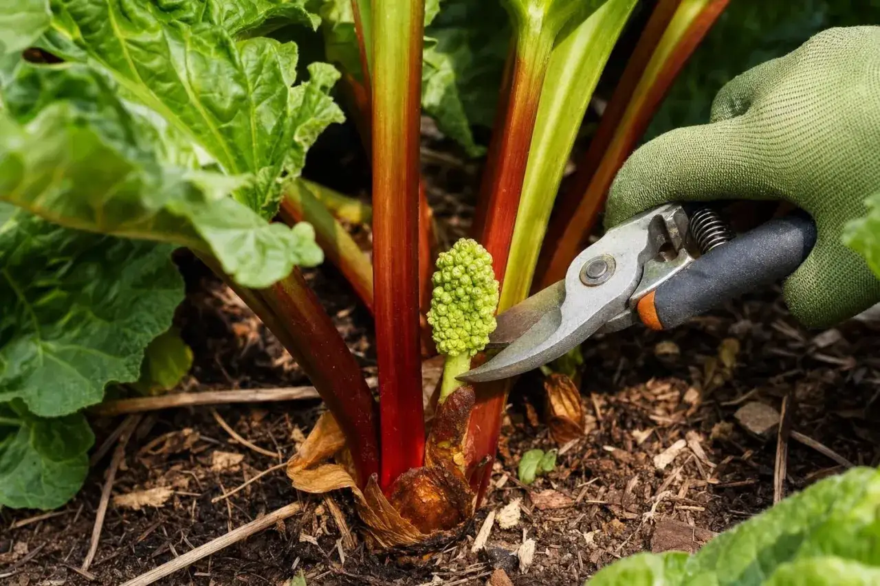 Main de jardinier coupant une tige de rhubarbe rouge et verte. C'est la pleine rhubarbe saison, prête à être récoltée pour des tartes et des confitures.