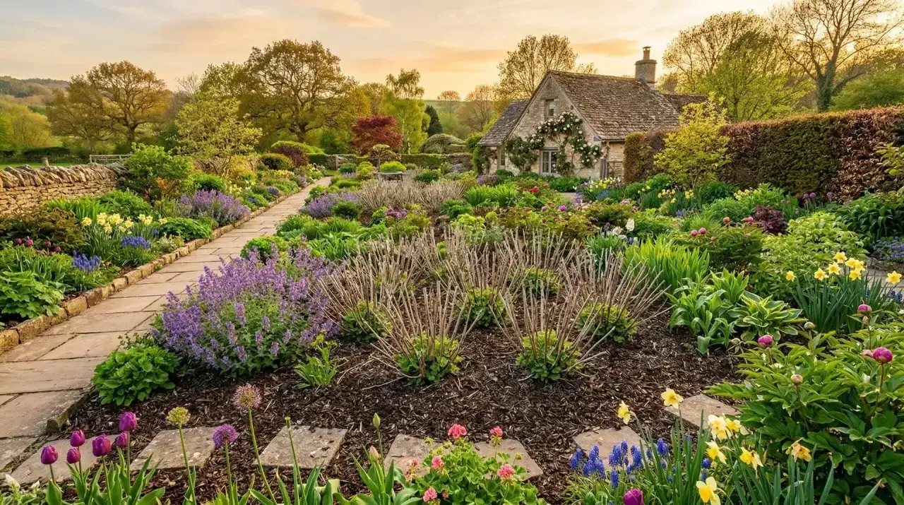 Un jardin anglais pittoresque avec une all&eacute;e pav&eacute;e, des fleurs color&eacute;es et une maison en pierre. La taille sauge arbustive est taill&eacute;e pour former des buissons bas.