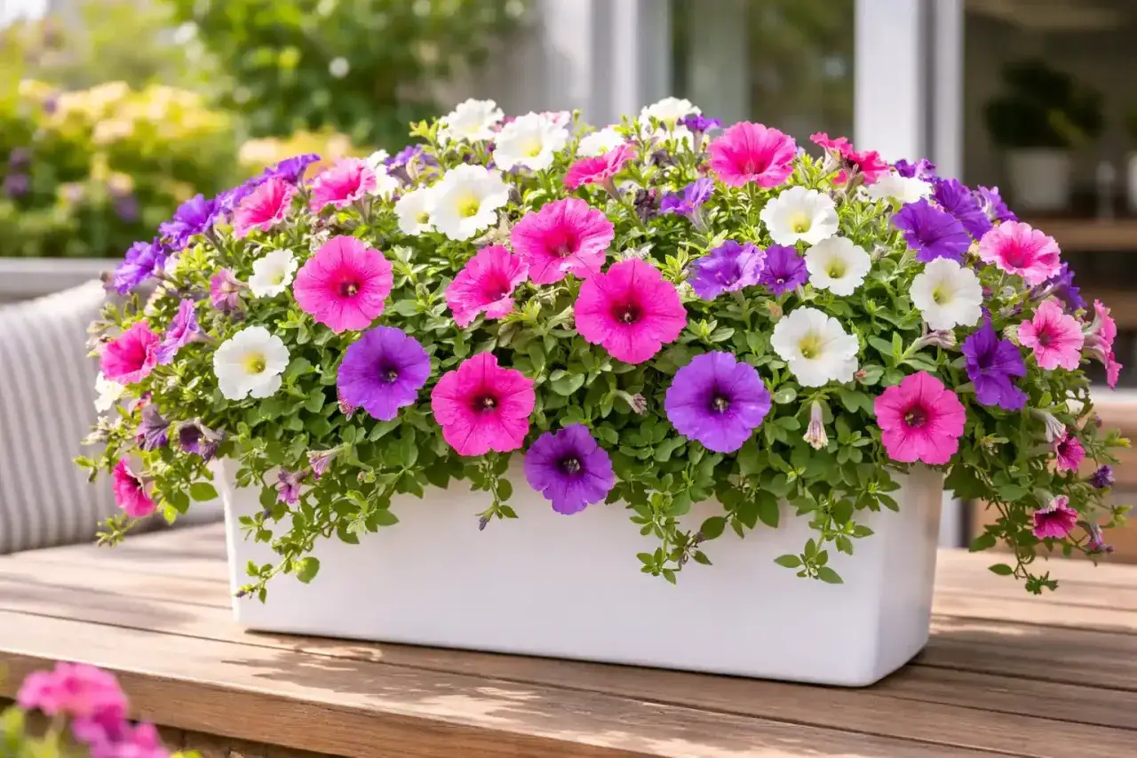 Un panier débordant de petunias surfinia aux couleurs vives : rose, violet et blanc. Ces fleurs illuminent une terrasse en bois.