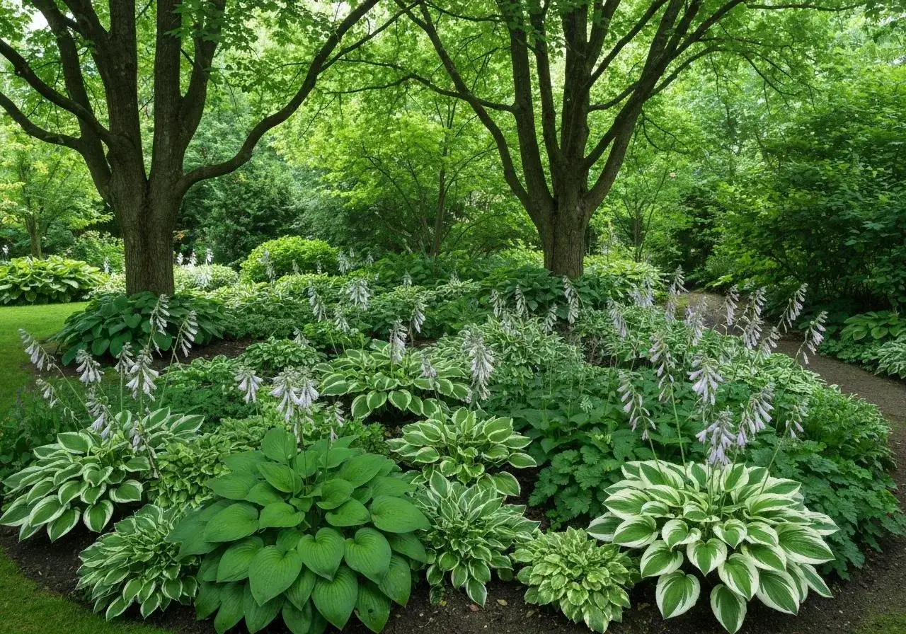 Un jardin luxuriant sous les arbres, avec des hostas vari&eacute;s et des fleurs l&eacute;g&egrave;res. Id&eacute;al pour savoir que planter avec des hortensias pour un effet similaire.