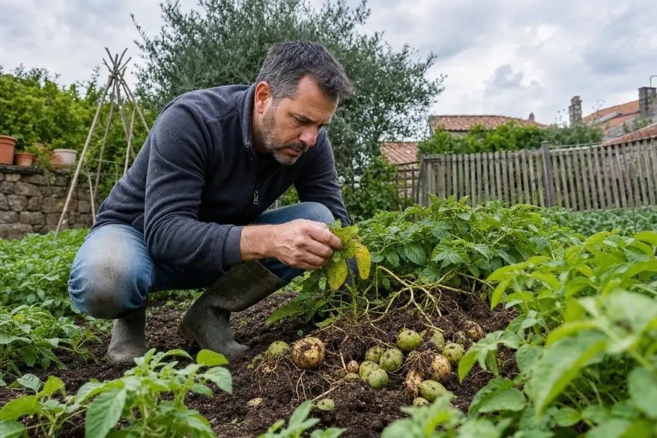 Un homme accroupi examine des pommes de terre fraîchement déterrées dans un jardin. Il est en train de planter des pommes de terre.