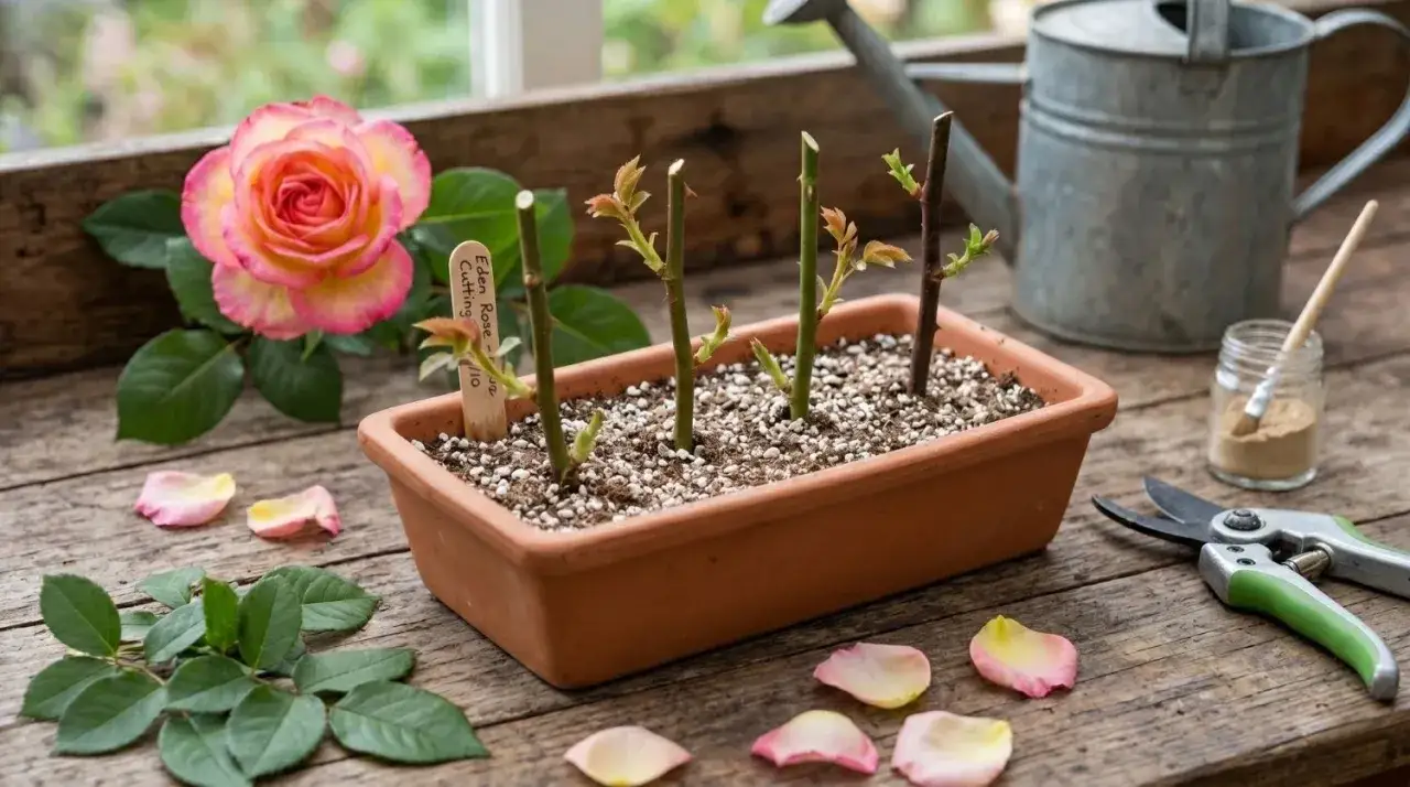 Boutures de rosier en pot, prêtes à prendre racine. Une belle rose rose et jaune à côté, avec des pétales tombés et des outils de jardinage.