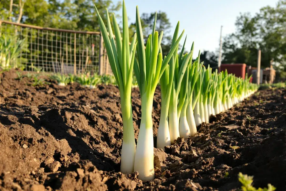 Des jeunes poireaux pr&ecirc;ts &agrave; repiquer, align&eacute;s dans la terre fra&icirc;che d'un potager ensoleill&eacute;.