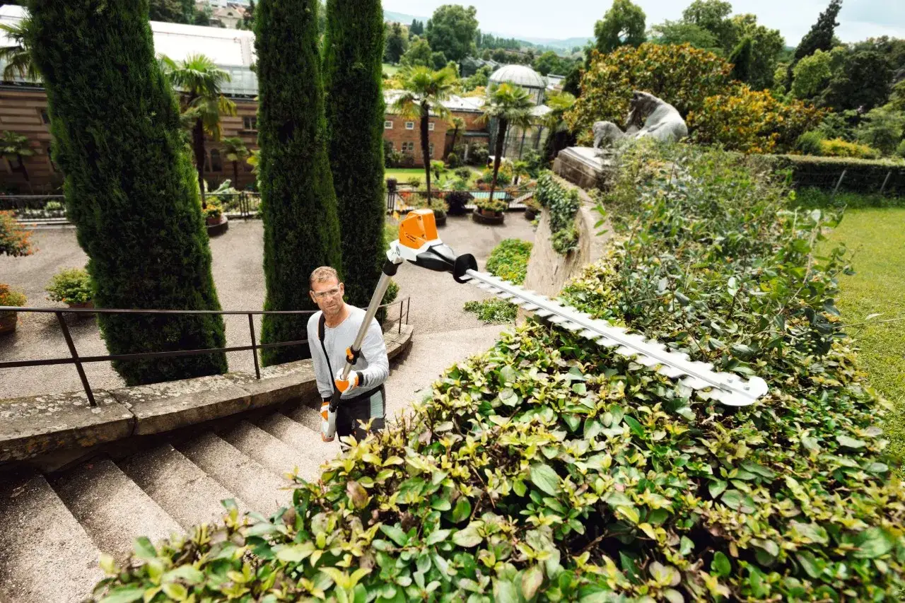 Un homme utilise un taille-haie pour tailler des arbustes dans un jardin luxuriant. C'est le moment idéal pour savoir quand tailler les haies.