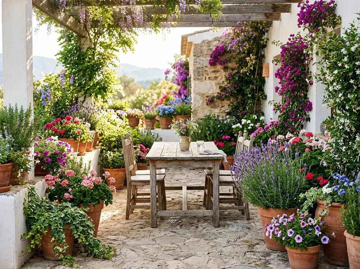 Terrasse fleurie avec table en bois, entourée de plantes pour jardinière toute l'année. Bougainvilliers, lavande et géraniums créent un décor coloré.