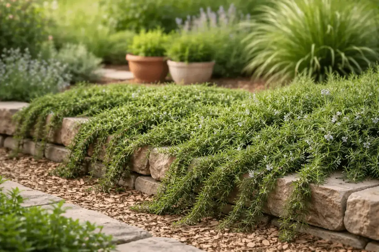 Un magnifique romarin rampant cascade sur un muret de pierre, orné de petites fleurs bleues. Le paillis de bois et les plantes environnantes créent un jardin paisible.