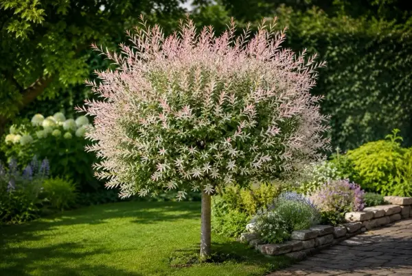 Un saule crevette aux feuilles roses et vertes, taillé en boule, trône dans un jardin verdoyant avec une pelouse bien entretenue.