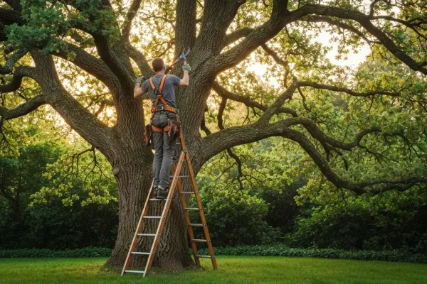Un élagueur sur une échelle taille un grand arbre. Il montre comment élaguer un arbre pour une meilleure santé et forme.