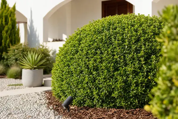 Un pittosporum bien taillé, prêt pour l'été. Un éclairage discret souligne sa forme arrondie.