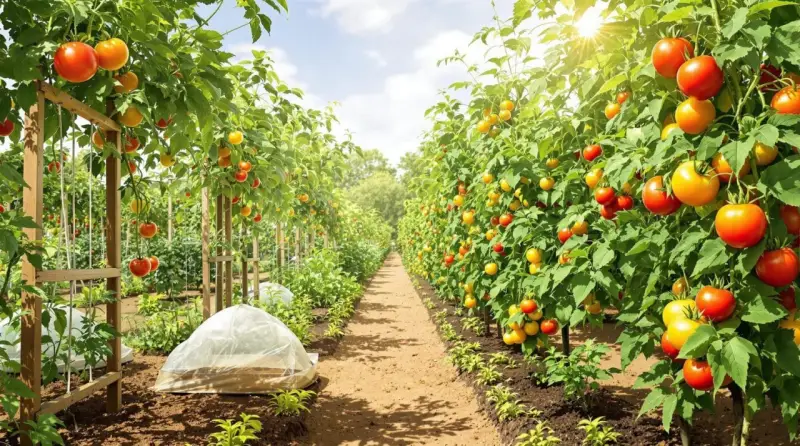 Rangées de plants de tomate roma sans tuteur, chargés de fruits rouges et jaunes, sous un soleil éclatant.
